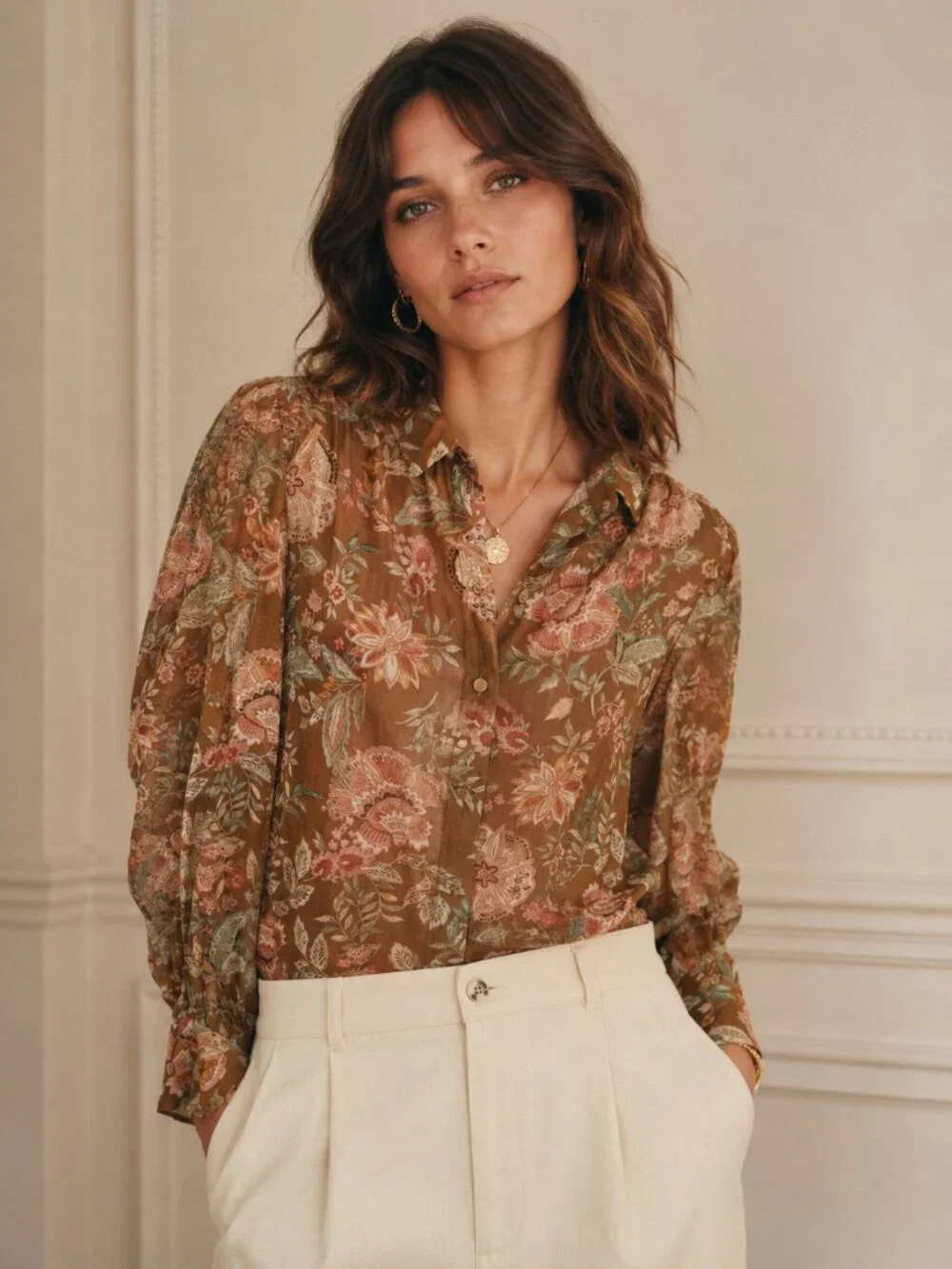 Sézane Tiana Silk Blouse Flower Camel Floral Print Size 34 Boho Parisian Top - Picture 1 of 6